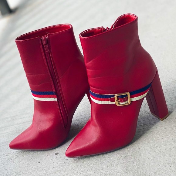 Red Faux Leather Ankle Booties with Grosgrain Buckle Trim - Picture 6 of 9